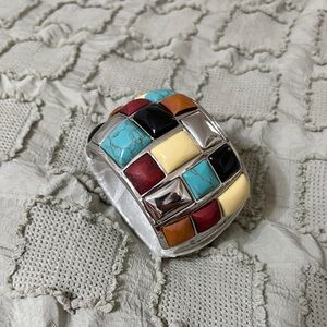 Multicolor Inlay Statement Silver Cuff Bracelet - Women’s Western Jewelry